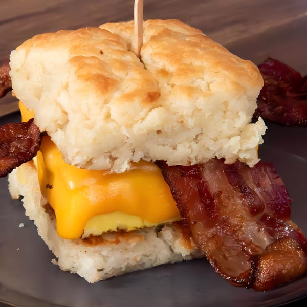 A breakfast sandwich with a biscuit, melted cheese, egg, and bacon on a dark plate.