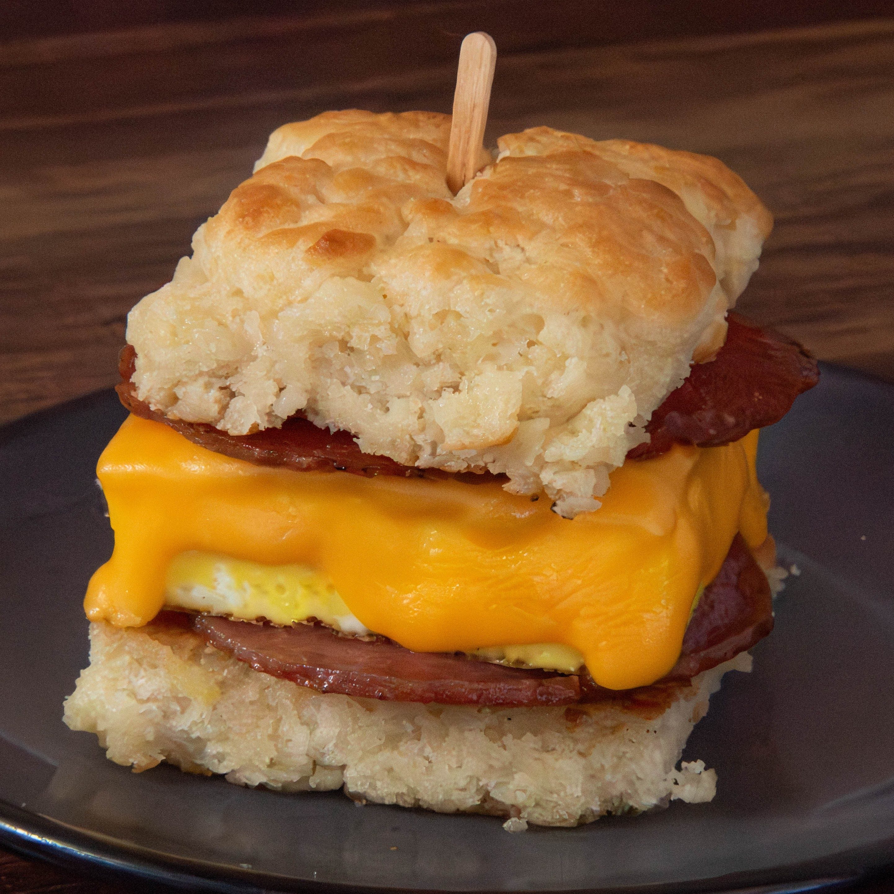 Butter Baked Biscuit Sandwich with Taylor Ham, Egg and Cheese.