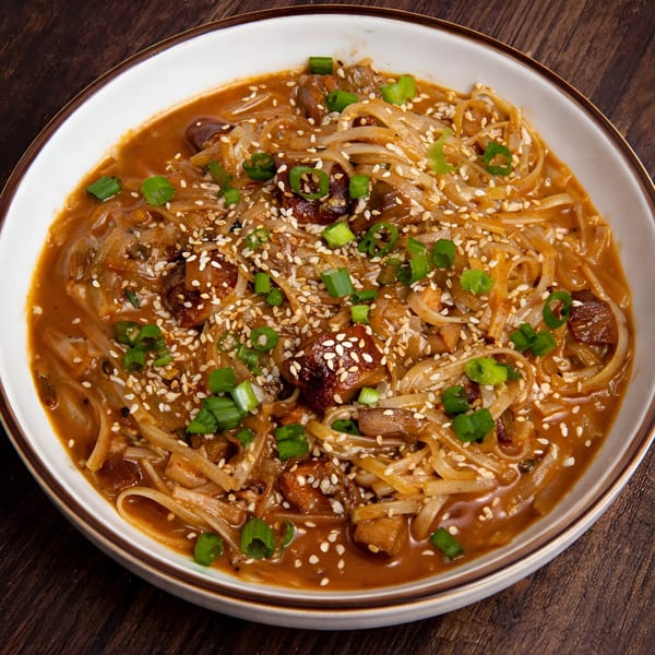 PREN's New American dish features noodles in a rich sauce, topped with sesame seeds and green onions.