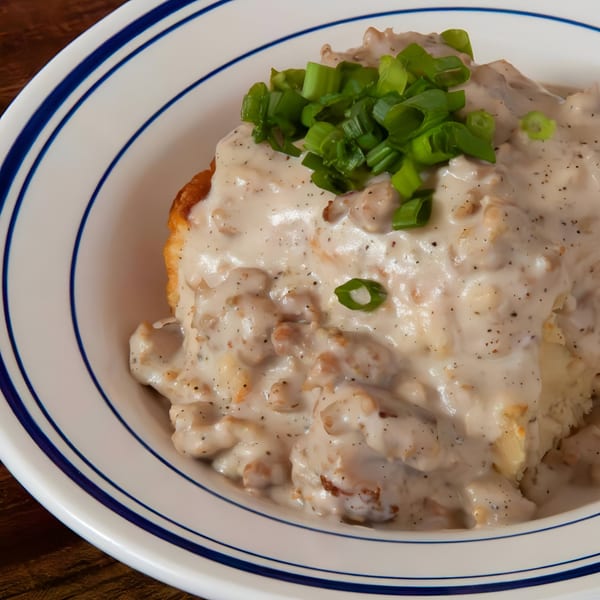 PREN's biscuits and gravy, topped with chopped green onions, served in a white bowl with blue stripes.