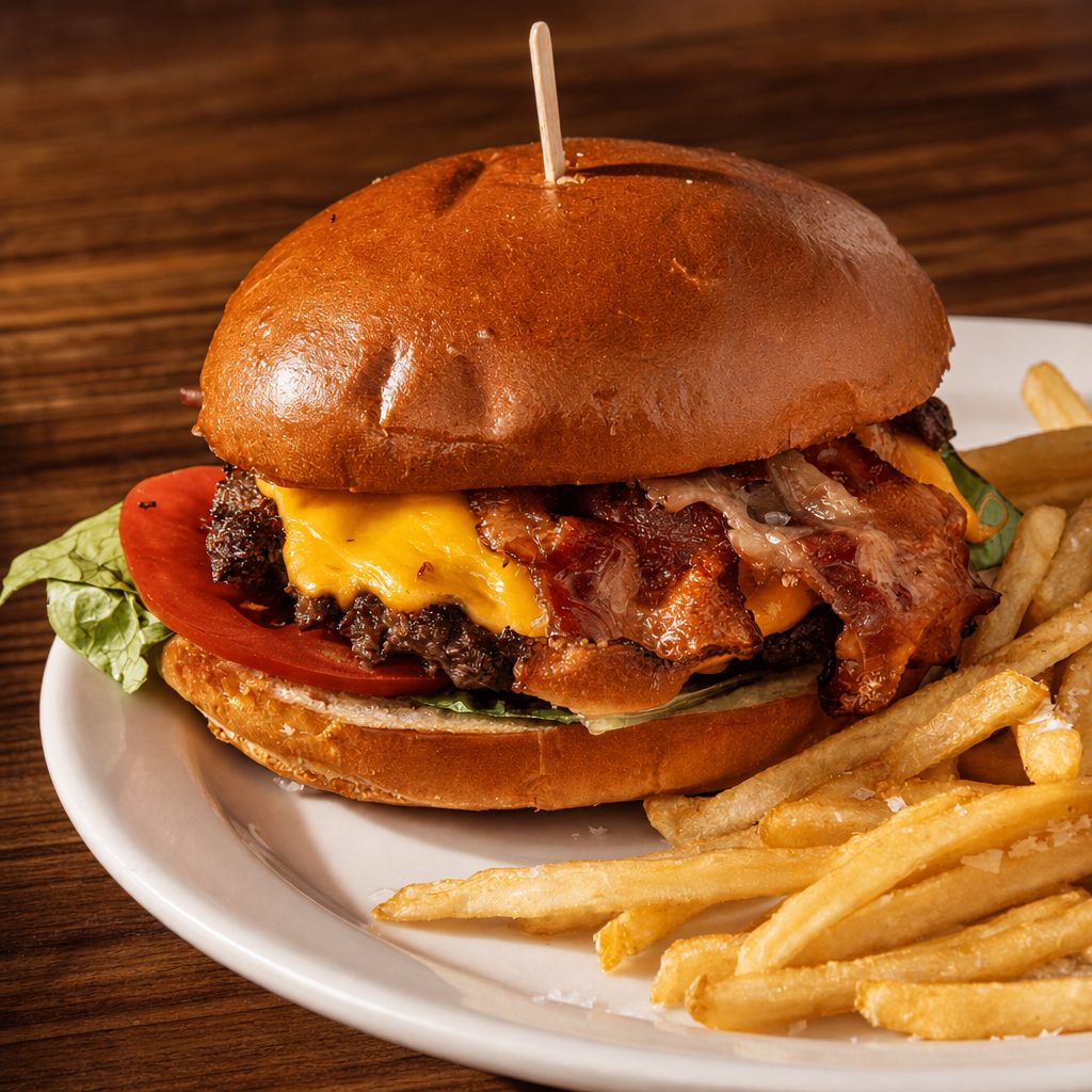 Wagyu Cheddar Smash Burger with Grilled Onions.