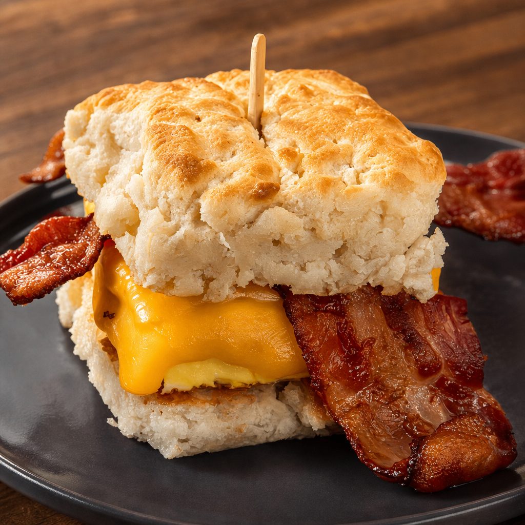Butter Baked Biscuit Sandwich with Bacon, Egg & Cheese.