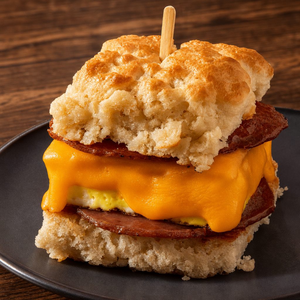 Butter Baked Biscuit Sandwich with Taylor Ham, Egg and Cheese.
